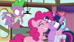 Size: 1920x1080 | Tagged: safe, screencap, character:cup cake, character:pinkie pie, character:spike, character:twilight sparkle, character:twilight sparkle (alicorn), species:alicorn, species:dragon, species:pony, episode:a trivial pursuit, g4, my little pony: friendship is magic, bag, hug, saddle bag, squishy cheeks, winged spike