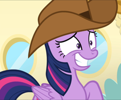 Size: 1132x939 | Tagged: safe, screencap, character:twilight sparkle, character:twilight sparkle (alicorn), species:alicorn, species:pony, episode:once upon a zeppelin, g4, my little pony: friendship is magic, clothing, cowboy hat, cropped, faec, fake smile, female, hat, mare, solo, wide eyes