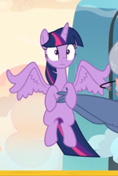 Size: 407x604 | Tagged: safe, screencap, character:iron will, character:twilight sparkle, character:twilight sparkle (alicorn), species:alicorn, species:minotaur, species:pony, episode:once upon a zeppelin, g4, my little pony: friendship is magic, carrying, cropped, holding a pony, solo focus, spread wings, wings