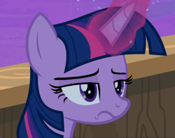 Size: 1182x938 | Tagged: safe, screencap, character:twilight sparkle, character:twilight sparkle (alicorn), species:alicorn, species:pony, episode:once upon a zeppelin, g4, my little pony: friendship is magic, cropped, glowing horn, horn, solo, twilight is not amused, unamused