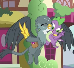 Size: 713x652 | Tagged: safe, screencap, character:gabby, character:spike, species:dragon, episode:dragon dropped, g4, my little pony: friendship is magic, cropped, eyes closed, flying, peace sign, smiling, winged spike