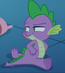 Size: 836x939 | Tagged: safe, screencap, character:spike, species:dragon, episode:school daze, g4, my little pony: friendship is magic, :t, baby dragon, claws, cropped, cute, determined, fangs, hands on hip, looking sideways, male, narrowed eyes, pillow, raised eyebrow, sitting, slit eyes, smiling, smirk, solo, spikabetes, splits, spread toes, toes, underfoot
