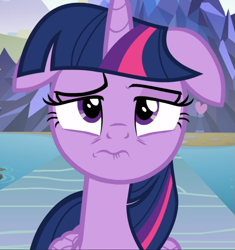 Size: 883x938 | Tagged: safe, screencap, character:twilight sparkle, character:twilight sparkle (alicorn), species:alicorn, species:pony, episode:school daze, g4, my little pony: friendship is magic, bags under eyes, close-up, cropped, female, floppy ears, folded wings, mare, pond, pouting, puckered lips, raised eyebrow, sad, solo, upset, wings