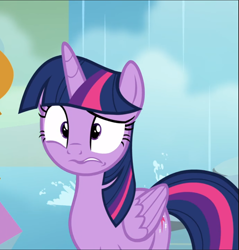 Size: 899x939 | Tagged: safe, screencap, character:twilight sparkle, character:twilight sparkle (alicorn), species:alicorn, species:pony, episode:school daze, g4, my little pony: friendship is magic, confused, cropped, female, folded wings, mare, pond, raised eyebrow, shocked, solo, waterfall, wings