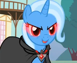 Size: 337x277 | Tagged: safe, screencap, character:trixie, species:pony, species:unicorn, episode:magic duel, g4, my little pony: friendship is magic, alicorn amulet, cape, clothing, cropped, female, glowing eyes, red eyes, solo
