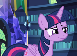 Size: 1230x910 | Tagged: safe, screencap, character:twilight sparkle, character:twilight sparkle (alicorn), species:alicorn, species:pony, episode:a flurry of emotions, g4, my little pony: friendship is magic, cropped, cute, grin, library, smiling, solo, twiabetes, twilight's castle, twilight's castle library
