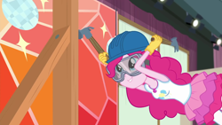 Size: 1920x1080 | Tagged: safe, screencap, character:pinkie pie, episode:constructive criticism, g4, my little pony:equestria girls, clothing, constructive criticism: pinkie pie, cute, diapinkes, female, geode of sugar bombs, gloves, goggles, hammer, hard hat, hat, magical geodes, safety goggles, smiling, solo