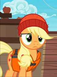 Size: 698x937 | Tagged: safe, screencap, character:applejack, species:earth pony, species:pony, episode:p.p.o.v. (pony point of view), g4, my little pony: friendship is magic, beanie, clothing, cropped, female, hat, lifejacket, mare, solo