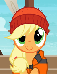 Size: 725x938 | Tagged: safe, screencap, character:applejack, species:earth pony, species:pony, episode:p.p.o.v. (pony point of view), g4, my little pony: friendship is magic, beanie, clothing, cropped, cute, female, hat, jackabetes, lifejacket, mare, smiling, solo