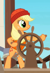 Size: 392x565 | Tagged: safe, screencap, character:applejack, species:earth pony, species:pony, episode:p.p.o.v. (pony point of view), g4, my little pony: friendship is magic, animation error, beanie, bipedal, clothing, cropped, female, freckles, hat, lifejacket, mare, no tail, smiling, solo, steering, steering wheel