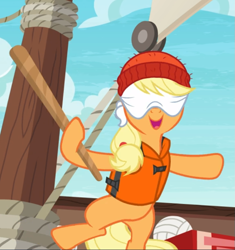 Size: 749x797 | Tagged: safe, screencap, character:applejack, species:earth pony, species:pony, episode:p.p.o.v. (pony point of view), g4, my little pony: friendship is magic, beanie, bipedal, blindfold, clothing, cropped, female, hat, lifejacket, mare, open mouth, smiling, solo, stick