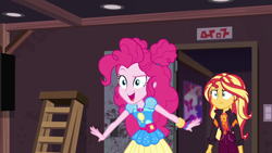 Size: 1920x1080 | Tagged: safe, screencap, character:pinkie pie, character:sunset shimmer, equestria girls:sunset's backstage pass, g4, my little pony:equestria girls, geode of empathy, geode of sugar bombs, ladder, magical geodes, poster