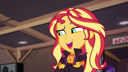 Size: 1920x1080 | Tagged: safe, screencap, character:sunset shimmer, equestria girls:sunset's backstage pass, g4, my little pony:equestria girls, arms folded, ceiling, clothing, cute, eyebrows, eyelashes, female, jacket, lidded eyes, looking at something, loudspeaker, open mouth, shimmerbetes, smug, smugset shimmer, solo