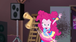 Size: 1920x1080 | Tagged: safe, screencap, character:pinkie pie, equestria girls:sunset's backstage pass, g4, my little pony:equestria girls, churros, evil grin, female, food, geode of sugar bombs, magical geodes, music festival outfit, smiling, solo