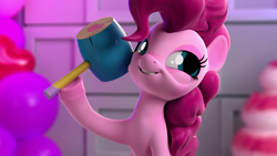 Size: 1920x1080 | Tagged: safe, official, screencap, character:pinkie pie, species:earth pony, species:pony, 3d, female, hello pinkie pie, hoof hold, magnetic hooves, mallet, mare, smiling