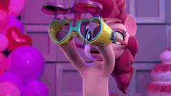 Size: 1920x1080 | Tagged: safe, screencap, character:pinkie pie, species:earth pony, species:pony, 3d, animated, armpits, balloon, blowtorch, desk, excited, gem, goggles, hello pinkie pie, hooves together, smiling, solo, sound, sparkler, studio, talking, valentine's day gift, webm