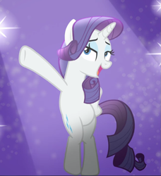 Size: 855x938 | Tagged: safe, screencap, character:rarity, species:pony, species:unicorn, episode:fake it 'til you make it, bipedal, cropped, female, hoof on hip, lidded eyes, mare, open mouth, pose, solo
