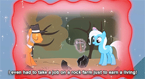 Size: 300x164 | Tagged: safe, screencap, character:igneous rock pie, character:trixie, species:earth pony, species:pony, species:unicorn, episode:magic duel, g4, my little pony: friendship is magic, animated, caption, clothing, desperate, dismay, duo, female, glowing horn, hammer, hat, horn, job, levitation, magic, magic aura, male, mare, memory, pointing, rock, rock farm, slow motion, stallion, subtitles, telekinesis, trixivision, unsatisfied