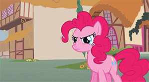 Size: 299x164 | Tagged: safe, screencap, character:pinkie pie, species:earth pony, species:pony, episode:magic duel, g4, my little pony: friendship is magic, angry, animated, confused, cruel and unusual punishment, cursor, female, glare, implied trixie, magic, mare, modular, no mouth, no nose, pinkie pie is not amused, raised eyebrow, raised hoof, sad, snout, trash can, unamused