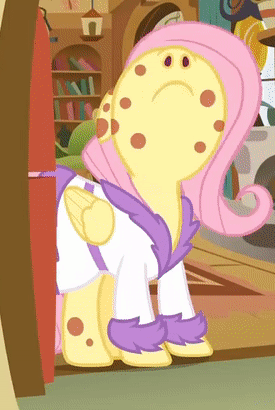 Size: 275x410 | Tagged: safe, screencap, character:fluttershy, episode:hurricane fluttershy, g4, my little pony: friendship is magic, animated, bathrobe, clothing, cropped, pony pox, robe, sick, sniffing, solo