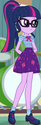 Size: 236x717 | Tagged: safe, screencap, character:twilight sparkle, character:twilight sparkle (scitwi), species:eqg human, episode:overpowered, g4, my little pony:equestria girls, band room, bow tie, canterlot high, clothing, collar, cropped, cute, drums, female, geode of telekinesis, glasses, hands behind back, high school, jewelry, magical geodes, musical instrument, pockets, ponytail, raised eyebrow, shirt, shoes, short sleeves, skirt, socks, solo, twiabetes