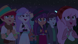 Size: 1920x1080 | Tagged: safe, screencap, character:ginger owlseye, character:zephyr breeze, equestria girls:sunset's backstage pass, g4, my little pony:equestria girls, alizarin bubblegum, background human, clothing, fedora, female, hat, hunter hedge, male, midriff, night, night sky, raspberry lilac, sky, snow flower, tank top, track starr