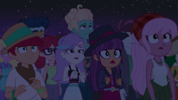 Size: 1920x1080 | Tagged: safe, screencap, character:curly winds, character:ginger owlseye, character:wiz kid, character:zephyr breeze, equestria girls:sunset's backstage pass, g4, my little pony:equestria girls, alizarin bubblegum, background human, clothing, curly winds, fedora, female, hat, hunter hedge, male, midriff, night, night sky, offscreen character, panama hat, raspberry lilac, sandy cerise, sky, snow flower, some blue guy, sweet leaf, tank top, track starr, wiz kid