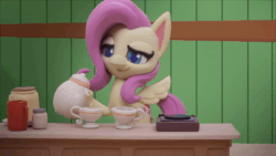 Size: 1920x1080 | Tagged: safe, screencap, character:fluttershy, species:pegasus, species:pony, g4.5, my little pony: stop motion short, my little pony:pony life, animated, cup, fluttershy is not amused, food, implied pinkie pie, sad, solo, sound, spilled drink, stop motion, surprised, tea, teacup, teapot, unamused, valentine's day card (short), webm