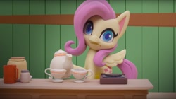 Size: 1673x935 | Tagged: safe, screencap, character:fluttershy, species:pegasus, species:pony, g4.5, my little pony: stop motion short, my little pony:pony life, :i, cup, food, solo, stop motion, tea, teacup, teapot, valentine's day card (short)