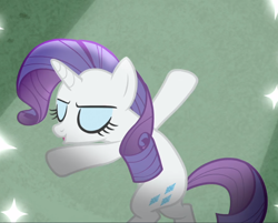 Size: 1160x934 | Tagged: safe, screencap, character:rarity, species:pony, species:unicorn, episode:fake it 'til you make it, bipedal, cropped, eyes closed, pose, solo