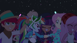 Size: 1600x900 | Tagged: safe, screencap, character:fluttershy, character:ginger owlseye, character:rainbow dash, character:zephyr breeze, equestria girls:sunset's backstage pass, g4, my little pony:equestria girls, alizarin bubblegum, background human, clothing, fedora, female, glowstick, hat, hunter hedge, male, panama hat, raspberry lilac, snow flower, visor