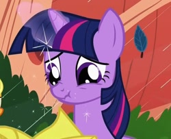 Size: 724x587 | Tagged: safe, screencap, character:twilight sparkle, character:twilight sparkle (unicorn), species:pony, species:unicorn, episode:look before you sleep, g4, my little pony: friendship is magic, bust, cropped, female, glowing horn, magic, magic glow, mare, portrait, rain, scrunchy face, solo, worried