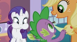 Size: 1591x867 | Tagged: safe, screencap, character:applejack, character:rarity, character:spike, species:dragon, species:earth pony, species:pony, species:unicorn, episode:spike at your service, g4, my little pony: friendship is magic, chubby cheeks, female, male, mare, puffy cheeks, youtube caption