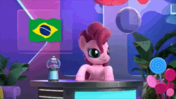 Size: 1280x720 | Tagged: safe, screencap, character:pinkie pie, episode:hearts and hooves day, g4, my little pony: friendship is magic, animated, brazil, candy, flag, flamenco, food, gumball machine, hello pinkie pie, holiday, lantern, lollipop, paper lantern, plant, portuguese, solo, sound, valentine's day, webm