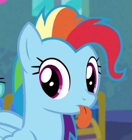 Size: 425x450 | Tagged: safe, screencap, character:rainbow dash, species:pegasus, species:pony, episode:newbie dash, g4, my little pony: friendship is magic, alternate hairstyle, animated, behaving like pinkie pie, blep, chest, cropped, cute, dashabetes, dynamic dash, female, gif, mane swap, mare, pbbtt, solo, tongue out