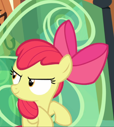 Size: 762x843 | Tagged: safe, screencap, character:apple bloom, episode:surf and/or turf, g4, my little pony: friendship is magic, cropped, evil grin, grin, smiling, solo, train