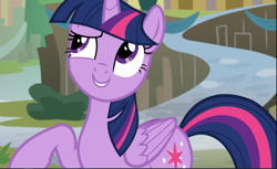 Size: 1539x941 | Tagged: safe, screencap, character:twilight sparkle, character:twilight sparkle (alicorn), species:alicorn, species:pony, episode:surf and/or turf, g4, my little pony: friendship is magic, cropped, cute, cutie mark, female, folded wings, grin, looking up, mare, mount aris, raised eyebrow, raised hoof, smiling, solo, twiabetes, wings