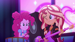 Size: 1600x900 | Tagged: safe, screencap, character:pinkie pie, character:sunset shimmer, equestria girls:sunset's backstage pass, g4, my little pony:equestria girls, geode of sugar bombs, guitar, magical geodes, music festival outfit, musical instrument, one eye closed, wink
