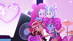 Size: 1600x900 | Tagged: safe, screencap, character:kiwi lollipop, character:pinkie pie, character:sunset shimmer, character:supernova zap, equestria girls:sunset's backstage pass, g4, my little pony:equestria girls, geode of sugar bombs, k-lo, kiwi lollipop, magical geodes, music festival outfit, postcrush, su-z, supernova zap