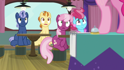 Size: 1920x1080 | Tagged: safe, screencap, character:cheerilee, character:cup cake, character:golden crust, character:midnight snack, character:pinkie pie, species:earth pony, species:pony, species:unicorn, episode:a trivial pursuit, g4, my little pony: friendship is magic, bell, female, friendship student, male, mare, sitting, stallion