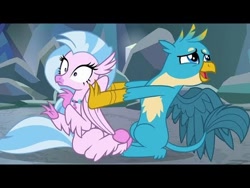 Size: 480x360 | Tagged: safe, screencap, character:gallus, character:silverstream, episode:what lies beneath, g4, my little pony: friendship is magic, black bars, duo, pushing