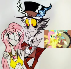 Size: 2014x1956 | Tagged: safe, artist:citi, screencap, character:discord, character:fluttershy, species:human, episode:keep calm and flutter on, g4, my little pony: friendship is magic, humanized, scene interpretation, screencap reference, sleeveless, traditional art