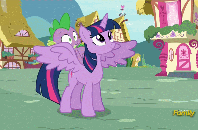 Size: 689x452 | Tagged: safe, screencap, character:spike, character:twilight sparkle, character:twilight sparkle (alicorn), species:alicorn, species:dragon, species:pony, episode:castle sweet castle, g4, my little pony: friendship is magic, animated, crashlight, cropped, discovery family logo, dragons riding ponies, duo, faceplant, female, flying fail, majestic as fuck, mare, riding, wing pull
