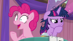 Size: 1920x1080 | Tagged: safe, screencap, character:pinkie pie, character:twilight sparkle, character:twilight sparkle (alicorn), species:alicorn, species:earth pony, species:pony, episode:a trivial pursuit, g4, my little pony: friendship is magic, bell, duo, excited, female, floppy ears, hoof under chin, idea, mare, messy mane, open mouth, paranoid, paranoid twilight, raised hoof, shrunken pupils, team twipie, thinking, trivia trot, twilighting