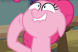 Size: 1416x938 | Tagged: safe, screencap, character:pinkie pie, species:earth pony, species:pony, episode:a trivial pursuit, g4, my little pony: friendship is magic, cropped, excited, faec, female, floppy ears, hoof on cheek, lip bite, mare, pinkie being pinkie, shrunken pupils, solo, trivia trot