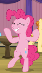 Size: 435x743 | Tagged: safe, screencap, character:pinkie pie, species:earth pony, species:pony, episode:a trivial pursuit, g4, my little pony: friendship is magic, bipedal, cropped, cute, cutie mark, diapinkes, excited, eyes closed, faec, female, grin, happy go lucky, mare, pinkie being pinkie, smiling, solo focus