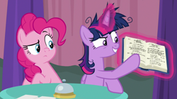 Size: 1920x1080 | Tagged: safe, screencap, character:pinkie pie, character:twilight sparkle, character:twilight sparkle (alicorn), species:alicorn, species:earth pony, species:pony, episode:a trivial pursuit, g4, my little pony: friendship is magic, bell, book, confused, crazy grin, displeased, duo, female, folded wings, frown, glowing horn, grin, hooves on the table, horn, insanity, levitation, magic, magic aura, mare, messy mane, obsessed, pointing, raised eyebrow, rulebook, rules, sin of greed, smiling, smirk, table, team twipie, telekinesis, trivia trot, twilight snapple, twilighting, wings