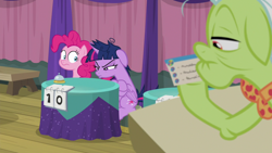 Size: 1920x1080 | Tagged: safe, screencap, character:granny smith, character:pinkie pie, character:twilight sparkle, character:twilight sparkle (alicorn), species:alicorn, species:pony, episode:a trivial pursuit, g4, my little pony: friendship is magic, bell, floppy ears, messy mane, pouting