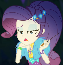 Size: 942x967 | Tagged: safe, screencap, character:rarity, equestria girls:sunset's backstage pass, g4, my little pony:equestria girls, clothing, coat, cropped, cute, dress, female, fur, fur coat, geode of shielding, jewelry, judgemental, lidded eyes, magical geodes, night, outdoors, ponytail, raised eyebrow, raribetes, short sleeves, sitting, stick, wristband