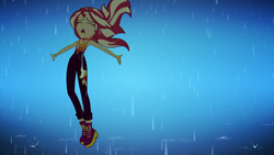 Size: 1920x1080 | Tagged: safe, screencap, character:sunset shimmer, episode:let it rain, g4, my little pony:equestria girls, arms wide open, clothing, eyes closed, rain, singing, solo, wavy hair